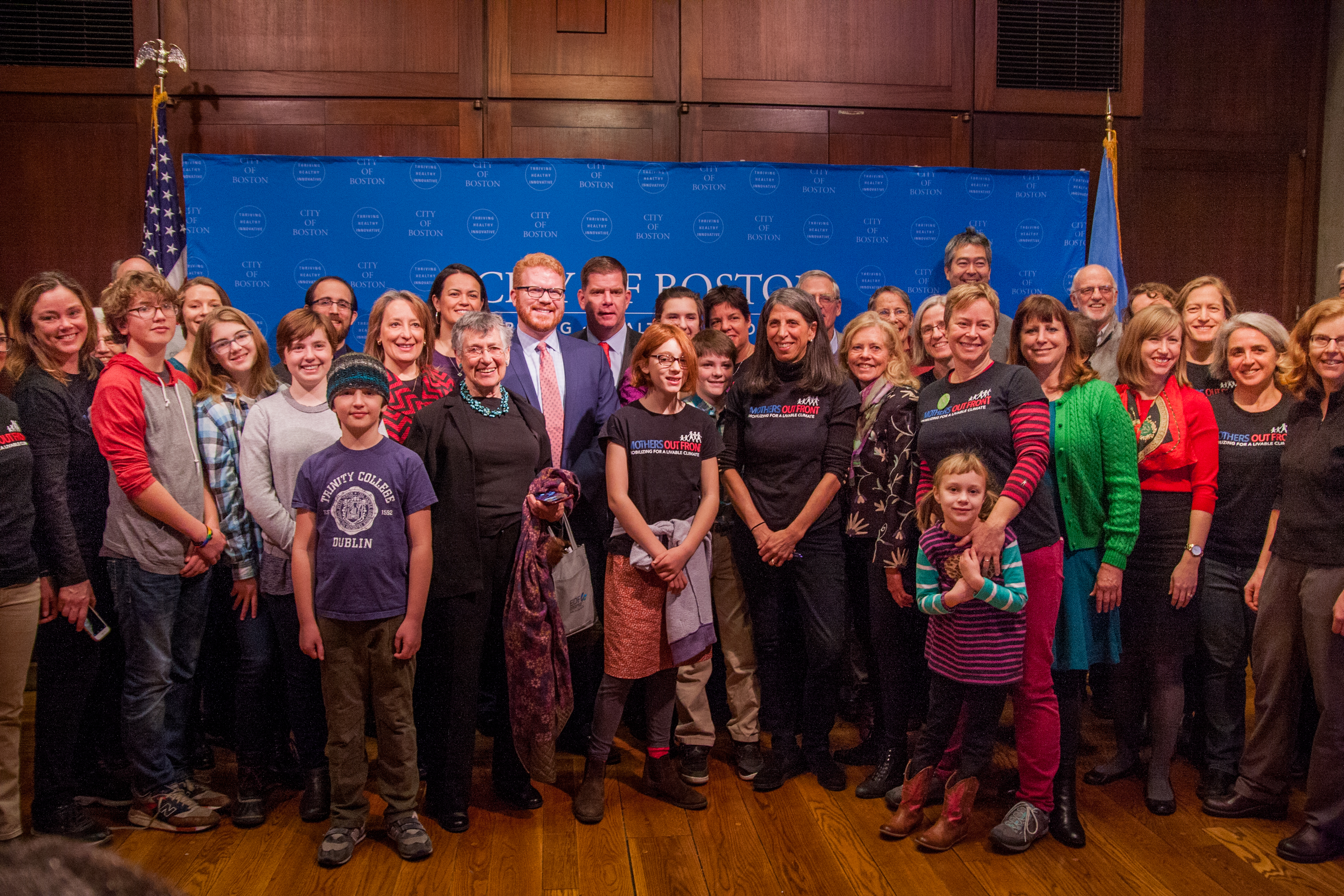 The Gas Leak Allies Working Group and Mayor Walsh celebrate the signing of Boston’s Gas Leak Ordinance with Councilor O’Malley and other allies on December 11.